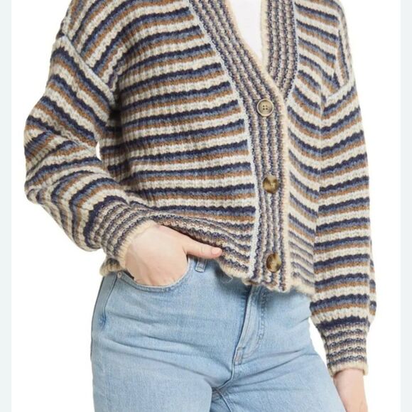 Madewell Sweaters - Madewell Waller Cardigan Sweater Women’s Small Striped Wool Cropped Cream Blue